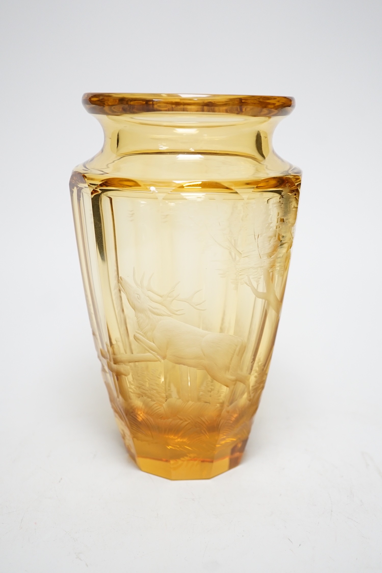 A Moser wheel engraved amber glass vase, 22cm